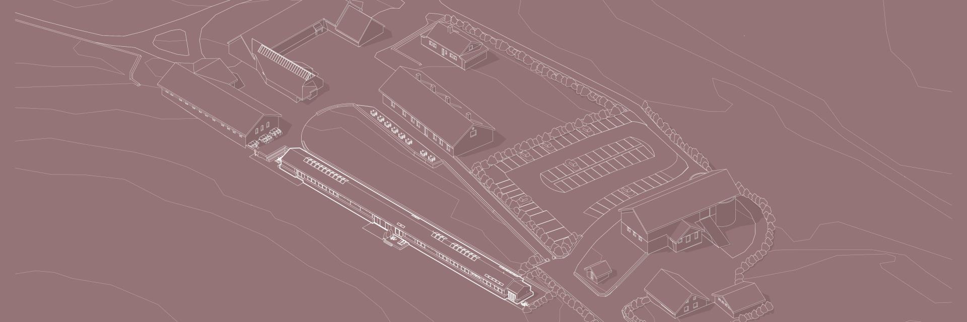 Bildet er en arkitekttegning av Hå gamle prestegard med et langhus tegnet inn