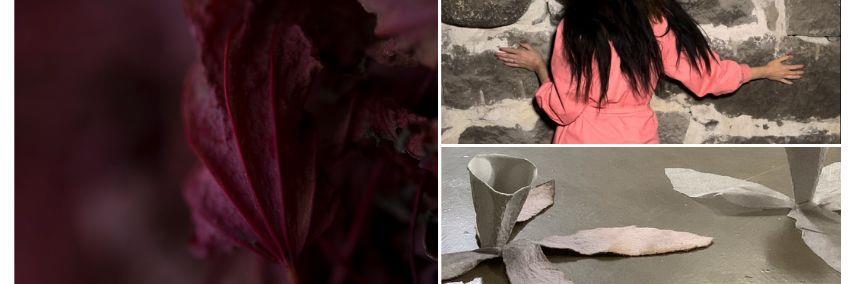 Collage med kunstfoto av utstillarane Signe Christine Urdal, Astrid Svangren og Else Leirvik
