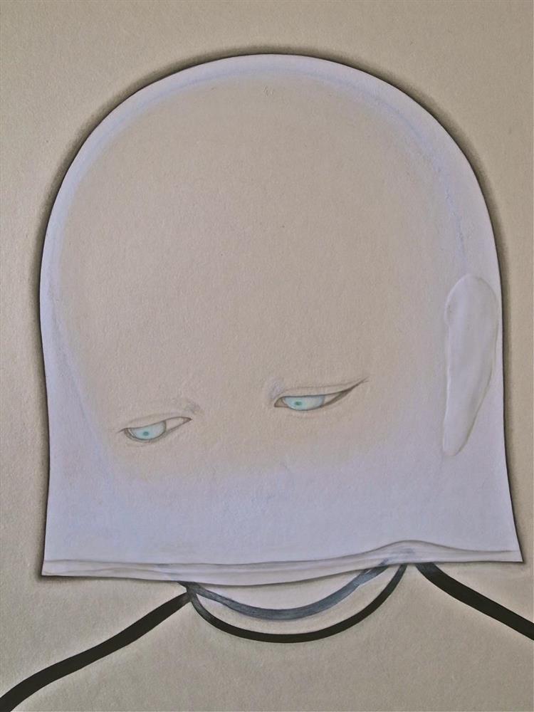 Portrett av ein person med ei slags hette over hovudet. Teikning. - Klikk for stort bilete