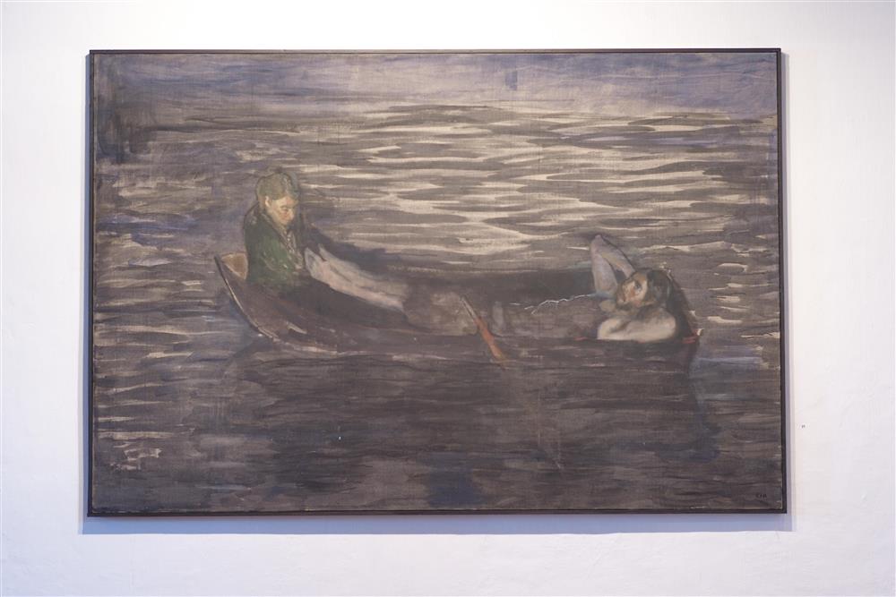Maleri av to personar i båt  - Klikk for stort bilete